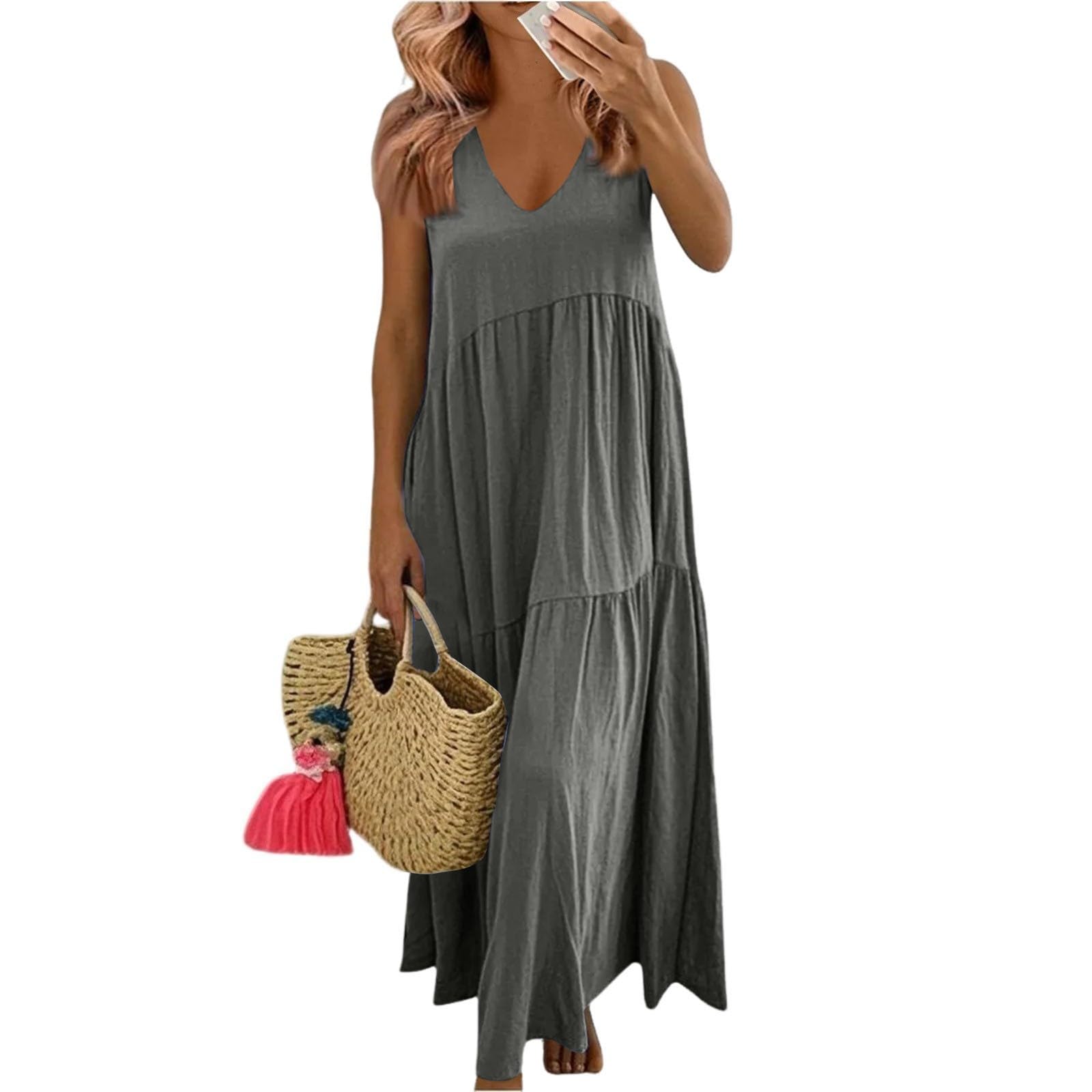 Abito estivo da donna in lino, scollo a V, con spalline, tinta unita, con spalle scoperte, casual, in cotone e lino, senza maniche, abito da spiaggia