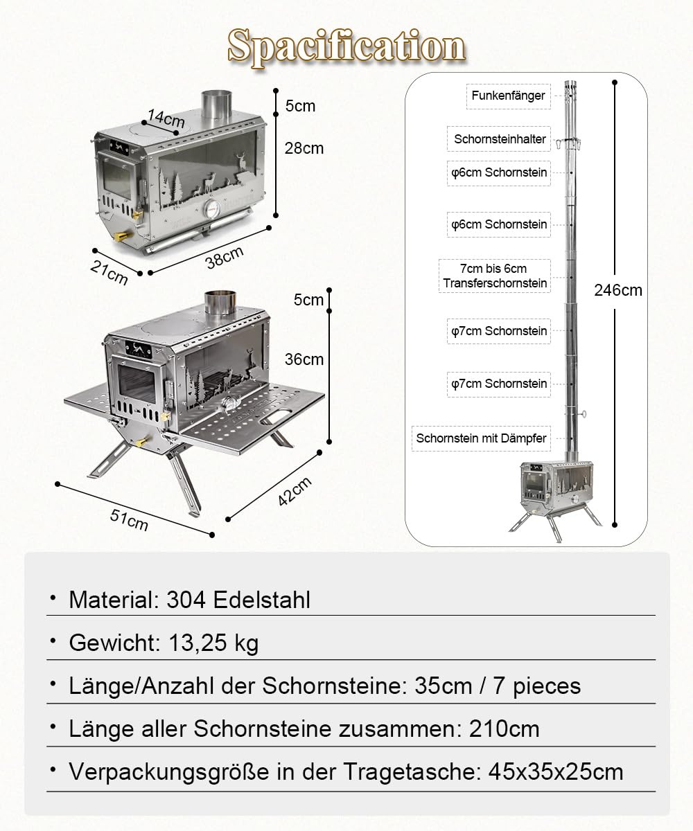 TOMOUNT Zeltofen Tragbar Edelstahl Campingherde Holzofen mit Schornstein, Holzkocher für Zelte, Unterkünfte und Camping