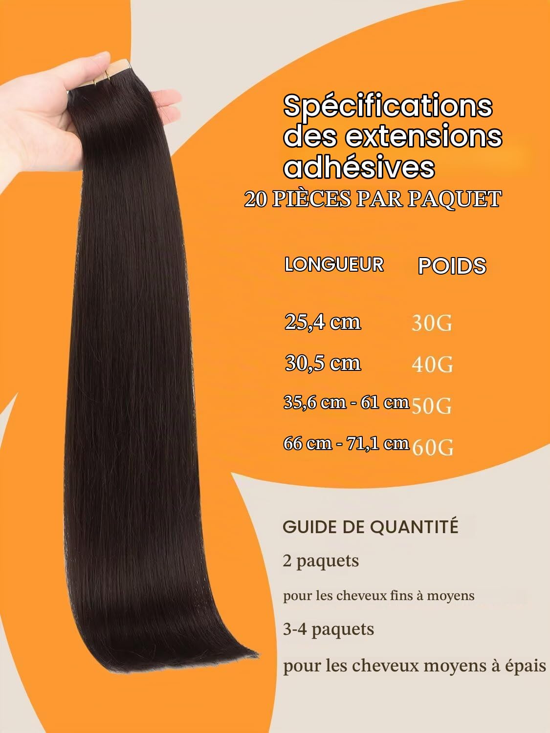 DOORES Extension Cheveux Naturel Adhesif, Brun Foncé 50cm 20 Pouce 50g 20pcs, Tape Extensions de Cheveux Lisse Remy Hair Skin Weft Adhesive Cheveux
