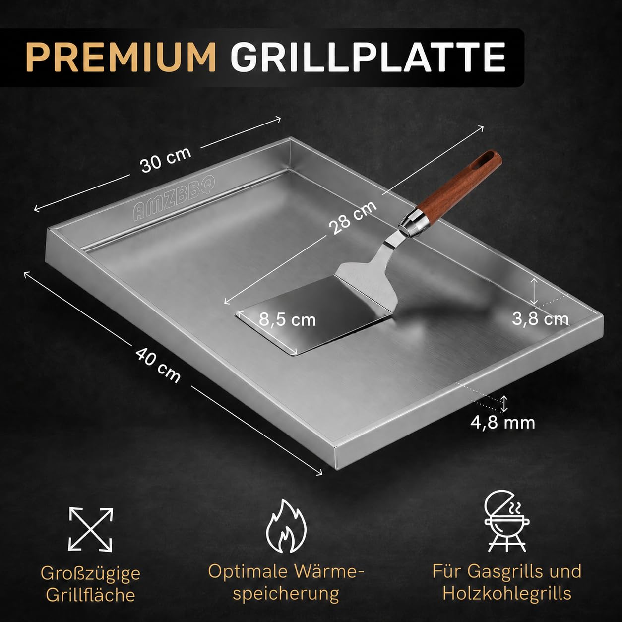 AMZBBQ® Premium Plancha Set - 40 x 30 cm - ca. 5 mm massiver Edelstahl - 20% stärker als herkömmliche Planchas - Grillplatte für Gas & Kohlegrill - Grillzubehör Geschenk für Männer inkl. Grillspachtel