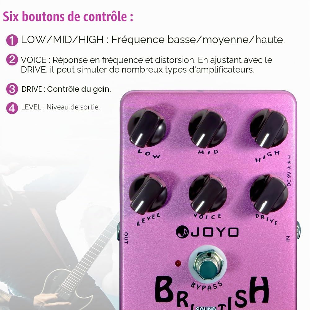 JOYO Pédale d'effet Simulateur d'ampli British Rock & Préampli, contrôle 6 boutons avec simulation de baffle intégrée pour guitare électrique, Bypass (British Sound JF-16)