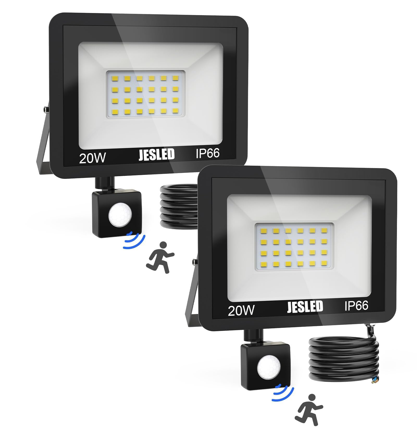 JESLED LED Strahler mit Bewegungsmelder, 20W 2200LM Superhell Strahler Außen, 6000K Kaltweiß Außenstrahler, IP66 Wasserdicht Scheinwerfer für Garten, Innenhöfe, Garage, Haus【2 Stück】