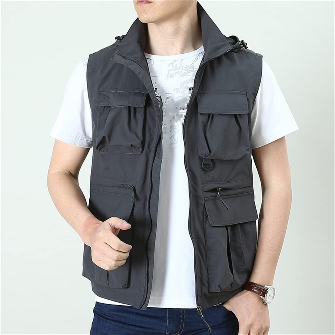 Gilet da pesca multitasche da esterno da uomo con cerniera e gilet da pesca traspirante Black Xxl