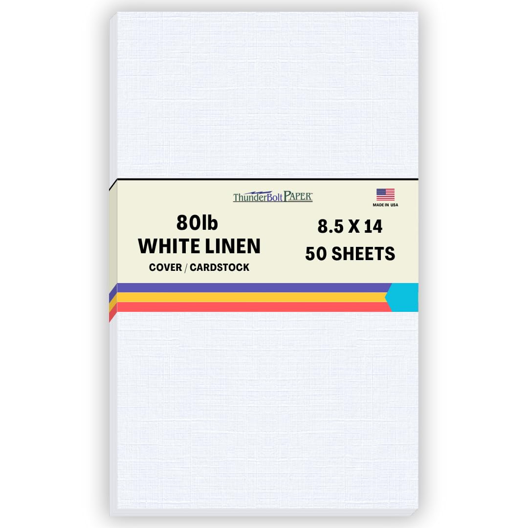 50 Bright White Linen 80# Cover Paper Sheets - 8.5 X 14 Legal Size
