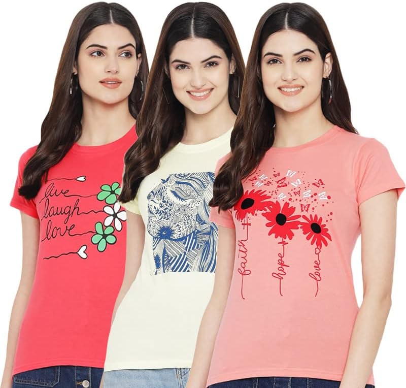 Preneum Women's Cotton Regular Fit Latest Graphic Stylish Printed Short Sleeves Casual T-Shirt || Trends & Stylish (Pack 3)