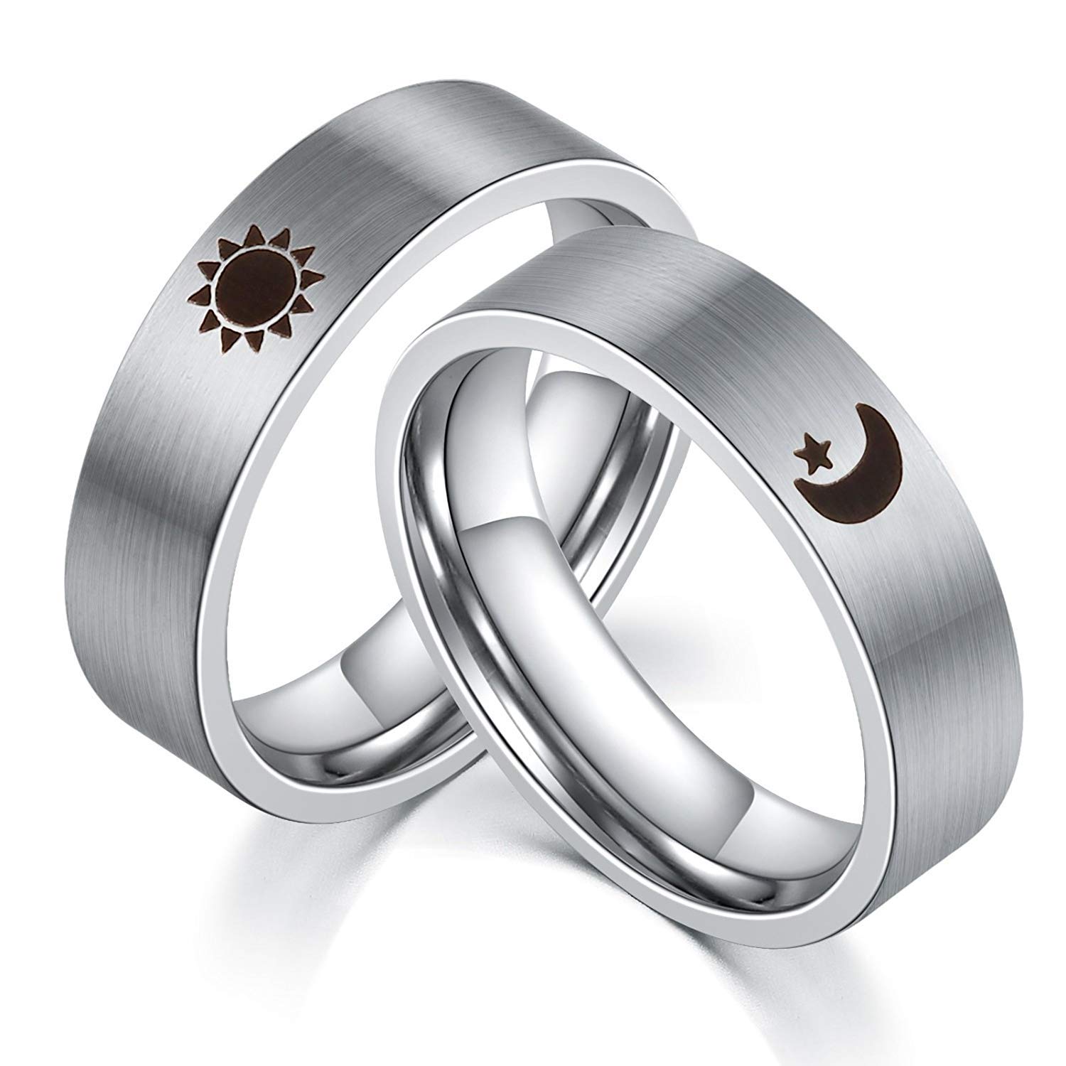 XAHHSun and Moon Star Rings Couples Matching Set Stainless Steel Promise Wedding Bands for Him and Her,Silver【Please Buy 2 Rings for 1 Pair】