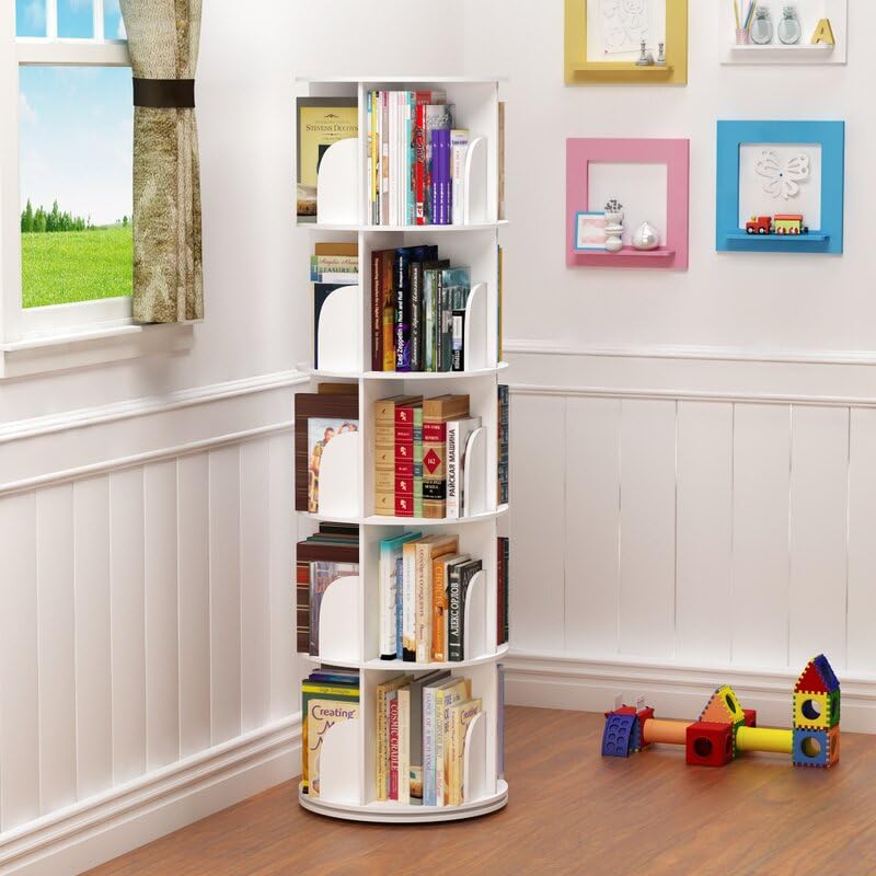 Image of AESTHETIC DECOR Wooden Rotating 360 Degree Preassembled Bookshelf Tower Open Rack Organiser Space-Saving 5 Tier Corner Stand for Home Library Kids Room White Ready to Use Multipurpose