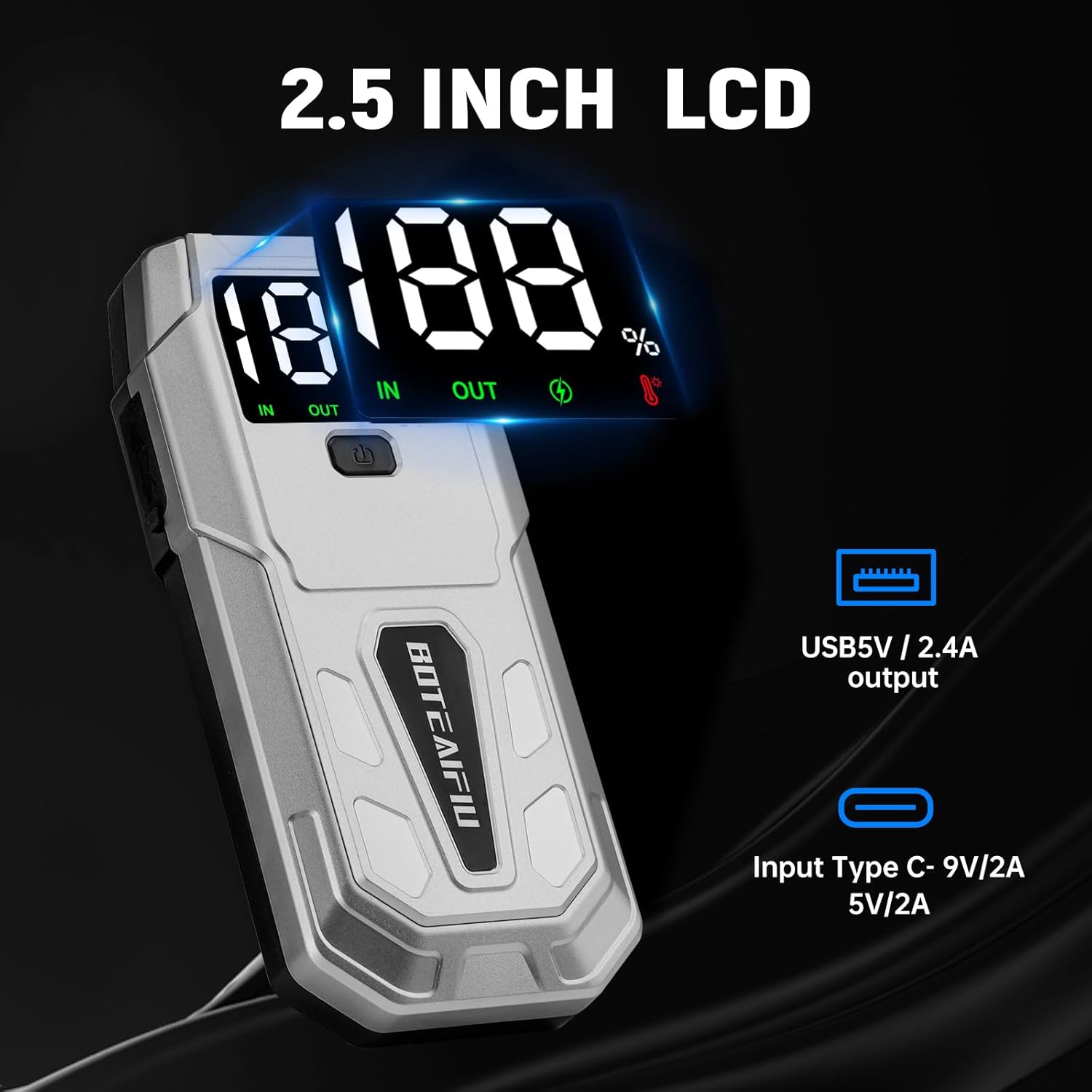 Booster Battery 5000A Car Starter (Up to 9.5L Gas 8L Diesel) 12V Jump Starter Booster Battery Motorbike/Auto with LCD Display Intelligent Safety Clamps LED Light