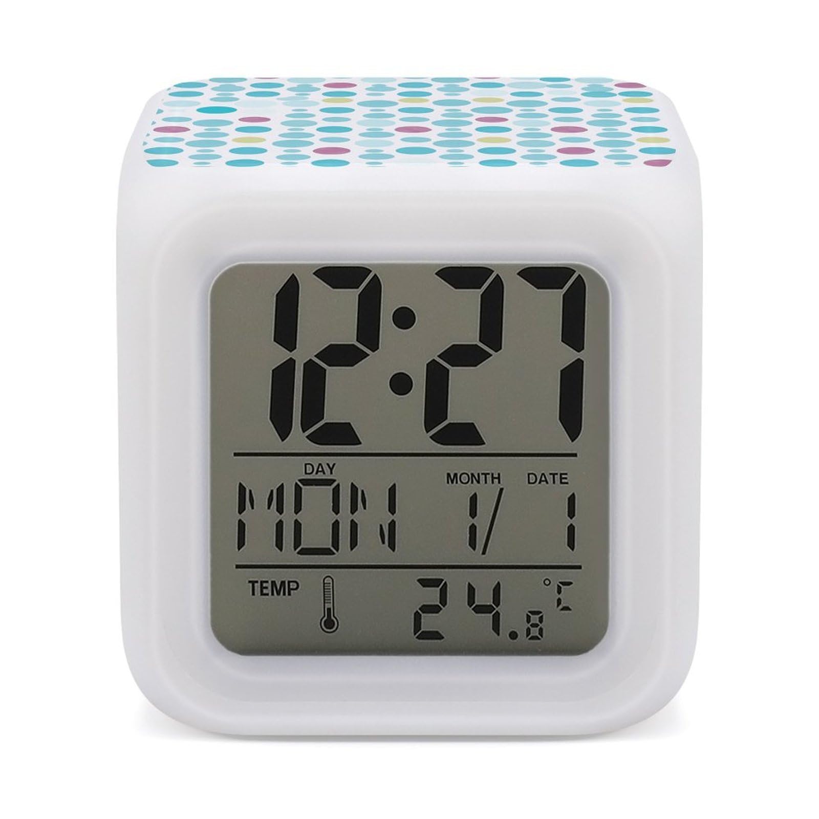 Reloj despertador con pantalla de temperatura, lámpara LED de noche y diseño de lunares