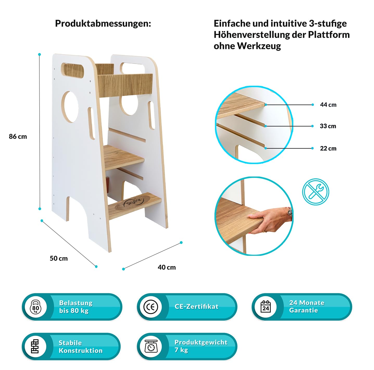 Skyline Montessori Learning Tower Wieża do nauki stania i nauki dla dzieci od 1 roku życia, z regulacją wysokości, taboret do schodków dla dzieci, meble do wnętrz, do pokoju dziecięcego, stołek
