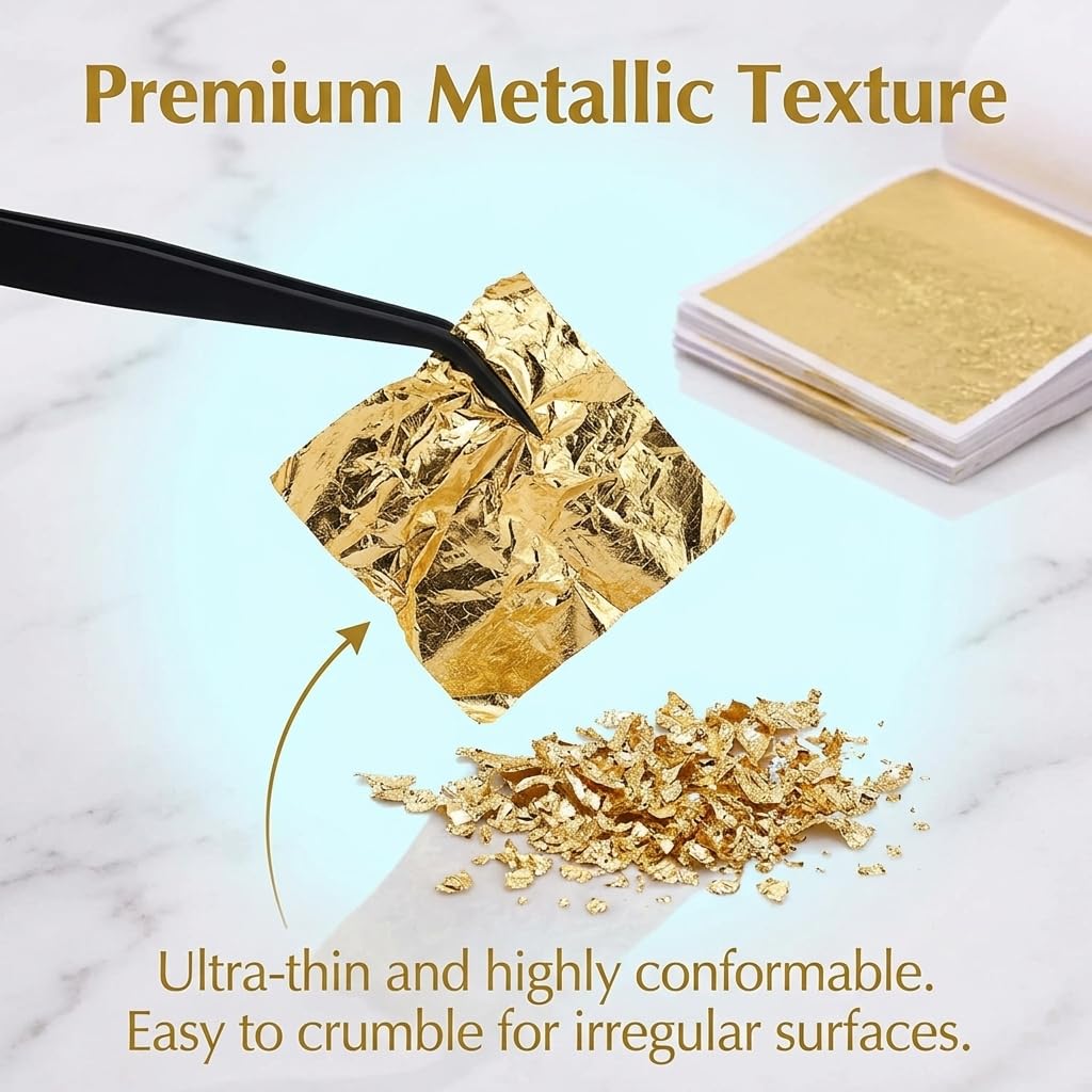 Juego de 300 hojas de imitación de oro con pinzas, lámina de oro de alta calidad para manualidades, papel dorado para manualidades, proyectos de arte, decoración, muebles, dorado, hoja de cobre