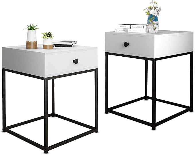 Bedside Tables Set of 2, Modern Bedside with Drawer and Metal