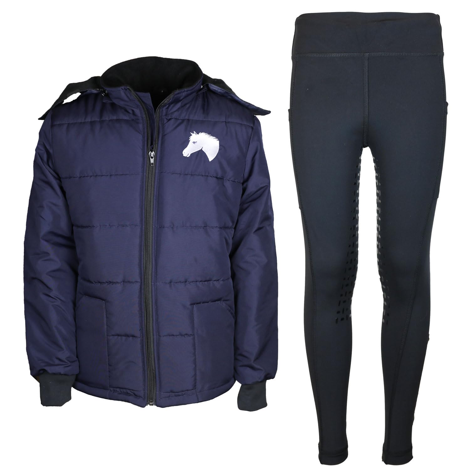 Kinder Reitset Reitjacke Mia Dunkelblau gesteppt Fleecefutter mit Silikon-Vollbesatz Reitleggings Schwarz