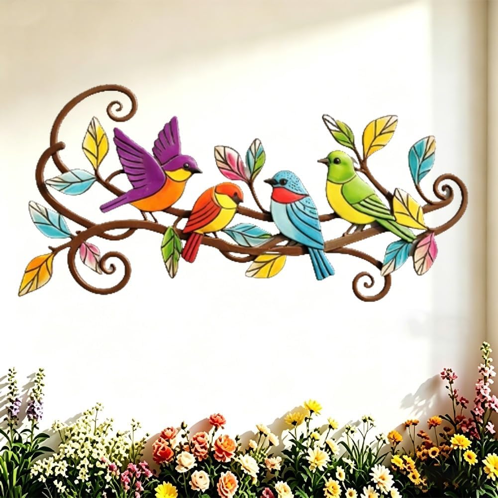 Colorful Metal Bird Wall Decor for Outdoor Patio, Metal Wall Art Decor Birds on Branch, 3D Colorful Bird Outdoor Hanging Art Patio Fence Decorations for Living Room Balcony(1pc)