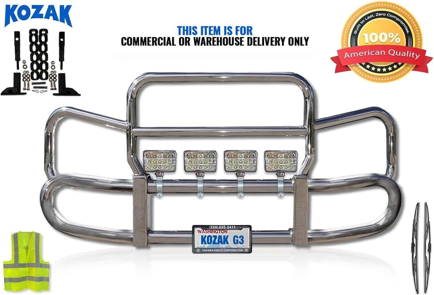 KOZAK Grille Deer Moose Brush Bumper Guard Herd 300 Compatible with Kenworth T660 2007-2019 Plus Brackets, 4X 6 LED Lights, Logo, 2X 22 Windshield Wipers, License Plate Holder & Frame, Vest