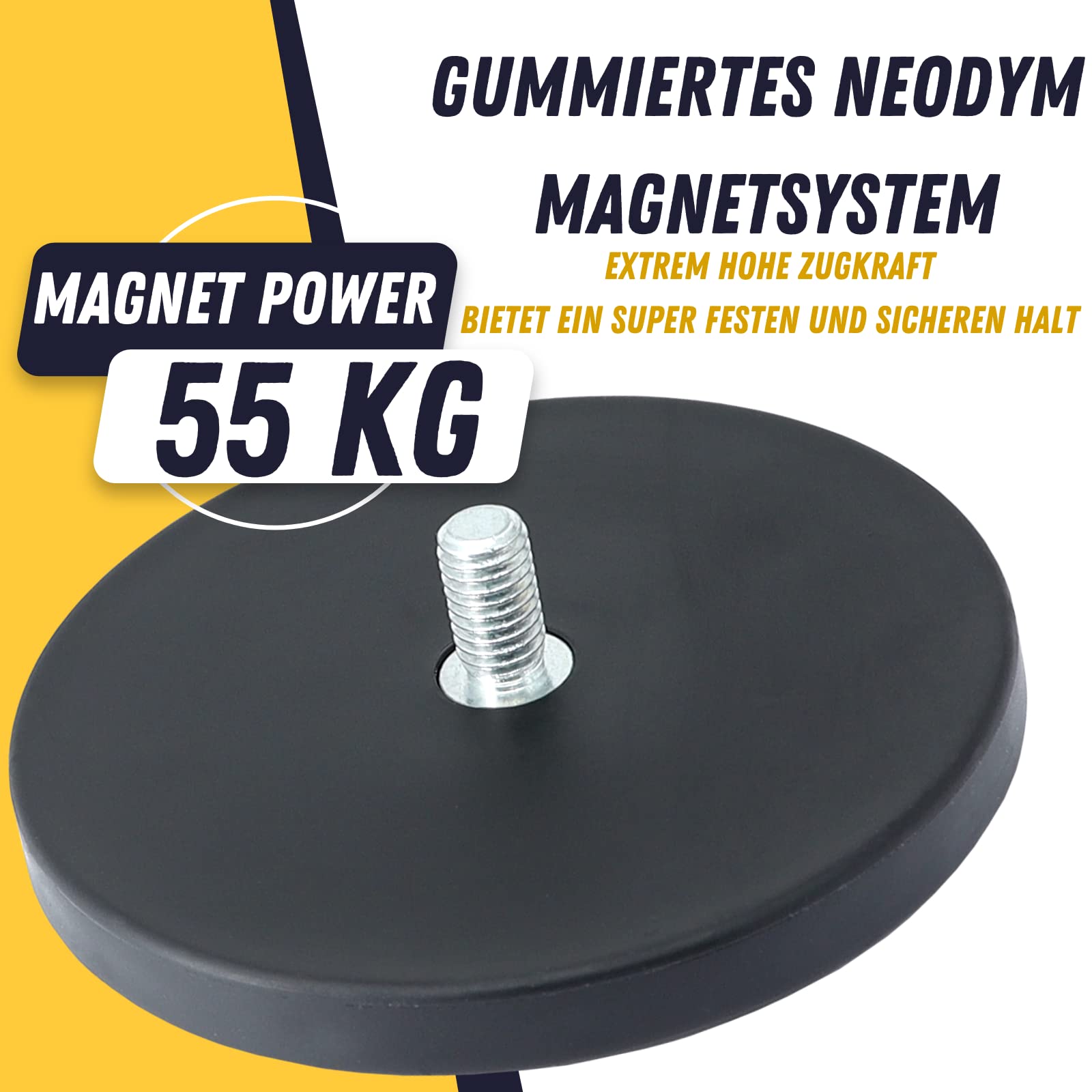 MVT Neodym-Magnet Mit Gummimantel – M8 Außengewinde, 66 Mm, 22 Kg Zugkraft – Kratzfest & Rutschfest – 2 Stück, Schwarz