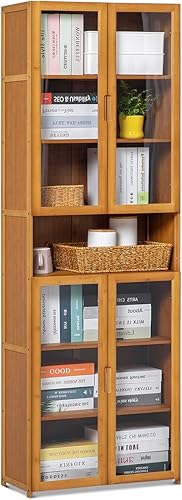 MoNiBloom Estantería alta con puertas acrílicas, gabinete de almacenamiento de bambú de 7 niveles, estantes de exhibición para entrada, hogar,