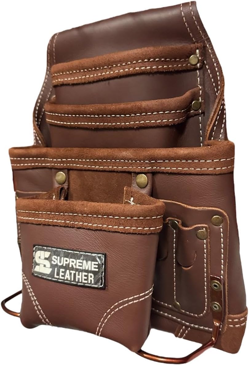 Supreme Leather Supreme Leather Tool Pouch for Construction Carpenter Tool Bag Electrician's Pouch | 10 Pockets 2 Stainless Steel Hammer Holders Top Grain Leather Bag