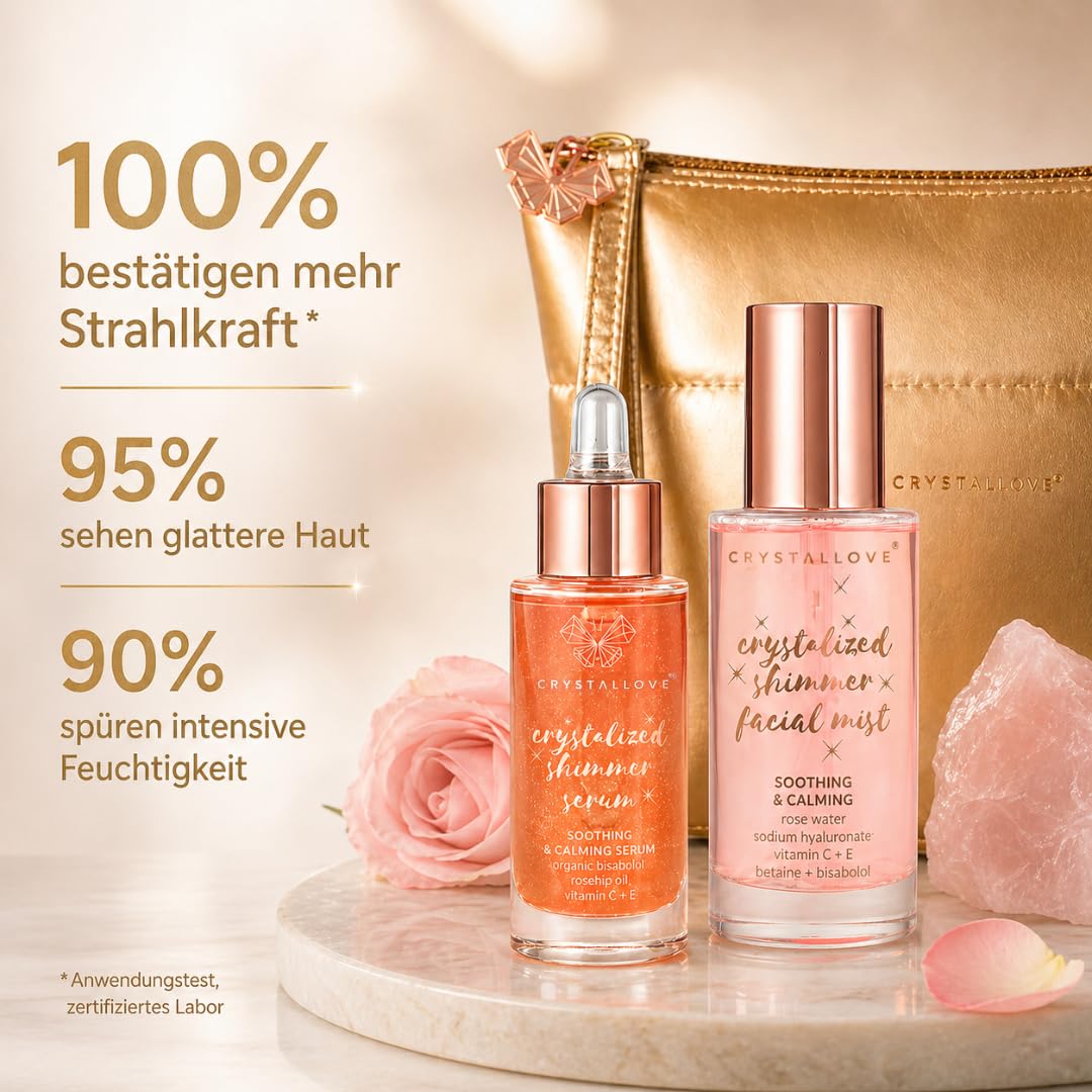 CRYSTALLOVE Rose Quartz Skincare Duo – Gesichtsserum 30 ml & Face Mist 100 ml mit Rosenquarz inkl. Kosmetiktasche – luxuriöses Hautpflege Set für Feuchtigkeit, Glow & Beruhigung – Geschenkset