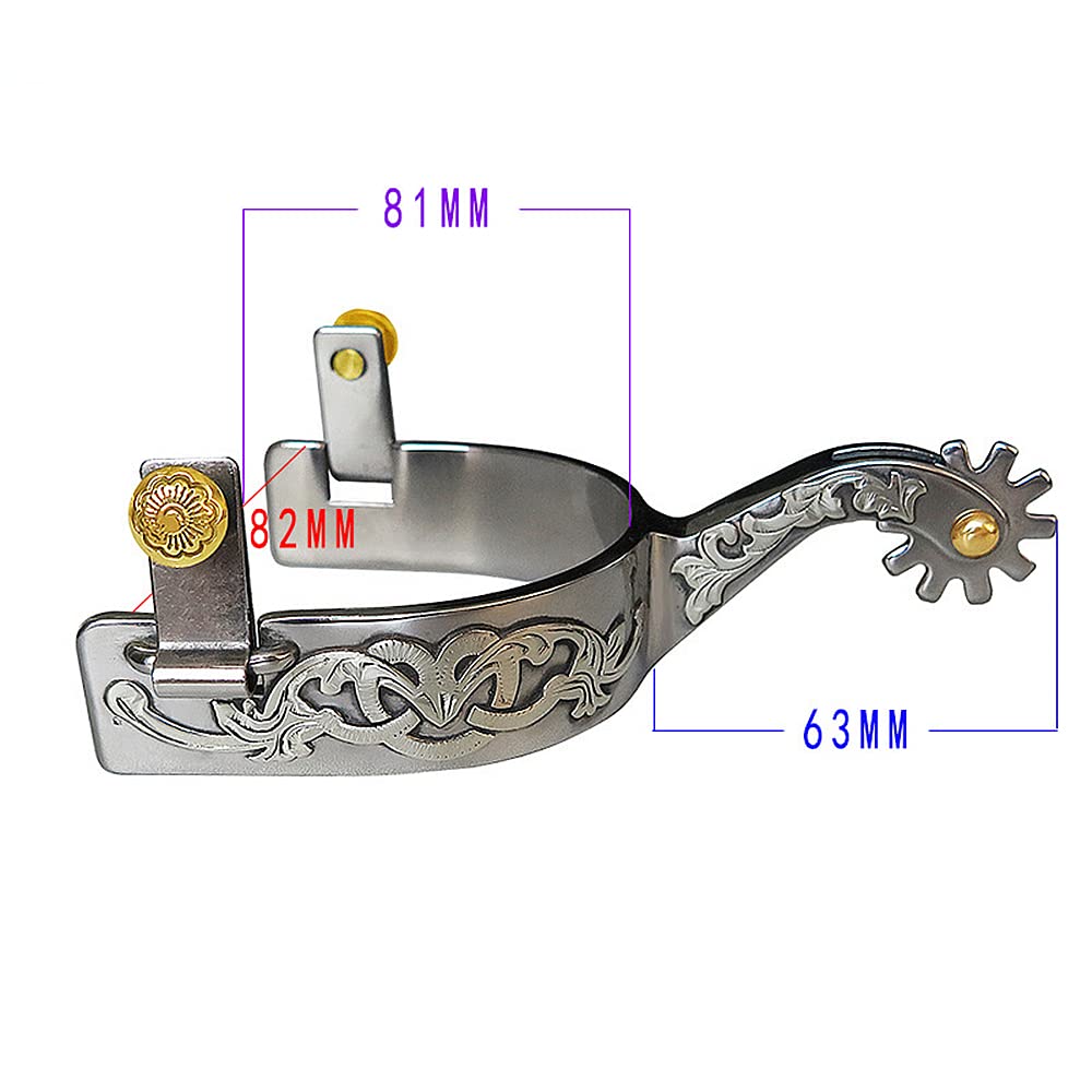 UNISTRENGH Mens Western Cowboy Spurs Steel Denim Spurs German Silver Decorative Plate with Gear and Copper Cap Buckle, Sold by Pair (Silver-82mm)