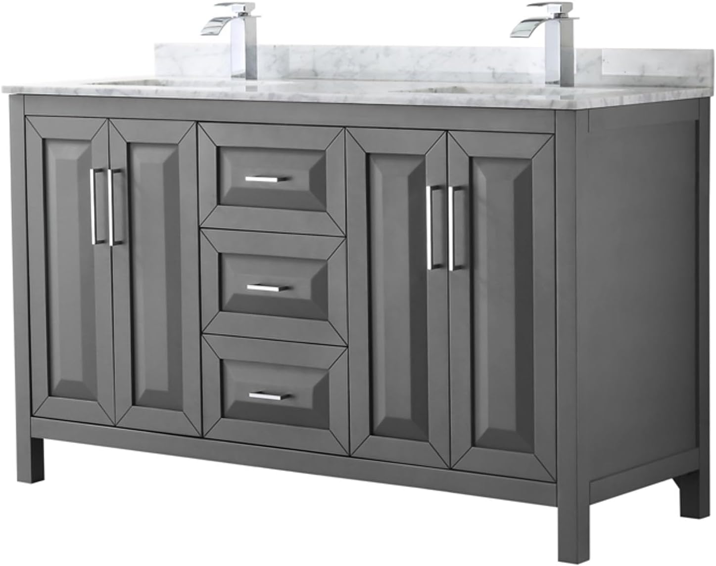 Wyndham Collection Daria 60 inch Double Bathroom Vanity in Dark Gray, White Carrara Marble Countertop, Undermount Square Sinks, and No Mirror
