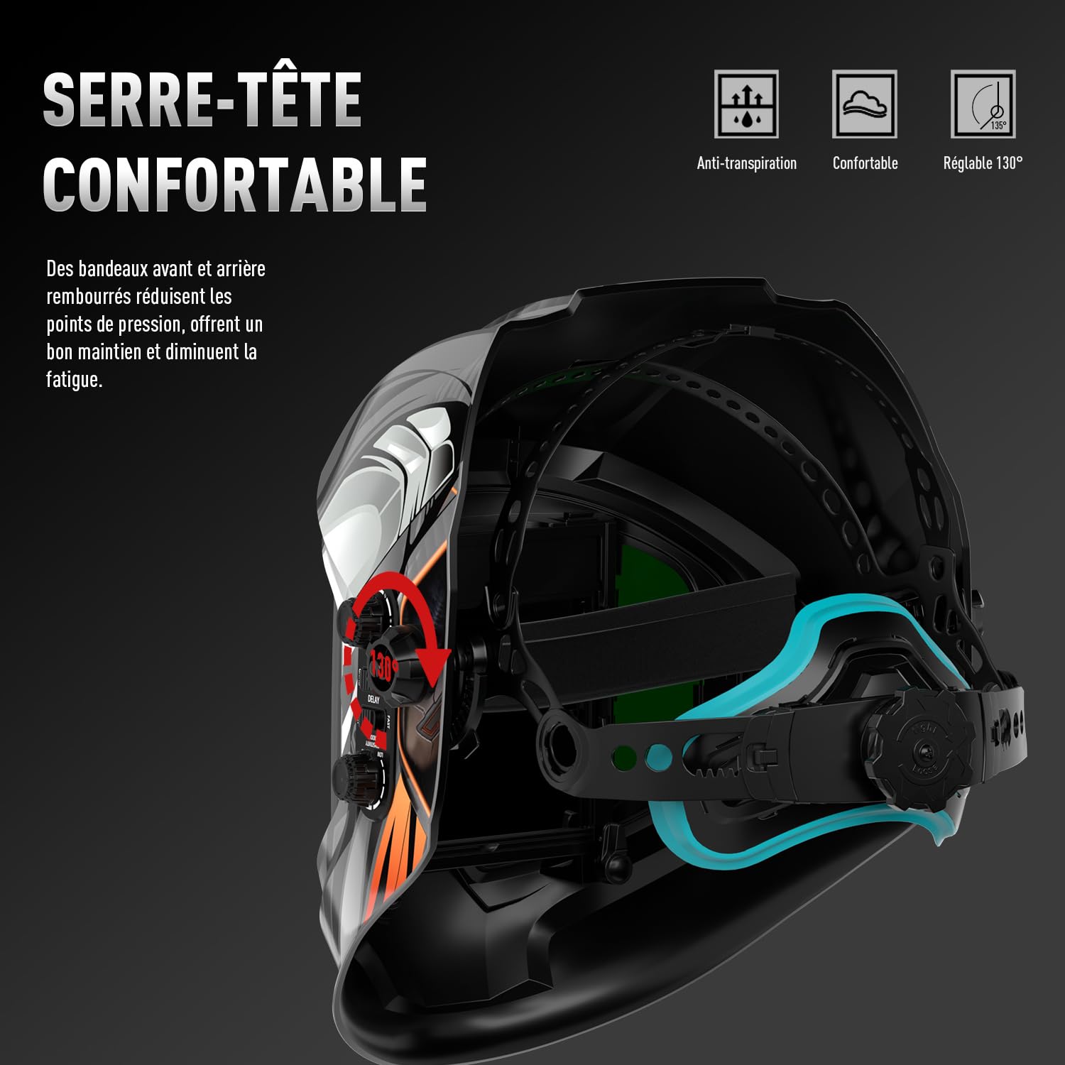 ANDELI Casque soudage panoramique 180°, Grande Zone 3,94" x3,74, True Color, Solaire, Auto-assombrissant, Vision latérale, 4 capteurs, Teintes 4/5-8/9-13, Moner