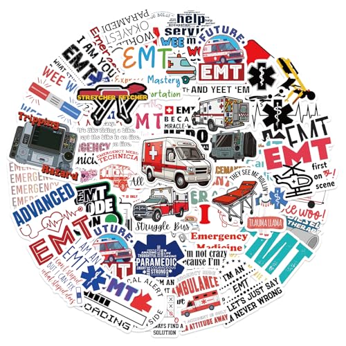50PCS EMT Stickers for Emergency Medical Technicians - Waterproof EMS Decals for Paramedics & Healthcare Workers | Funny First Responder Gifts for Laptops, Water Bottles & Medical Journals
