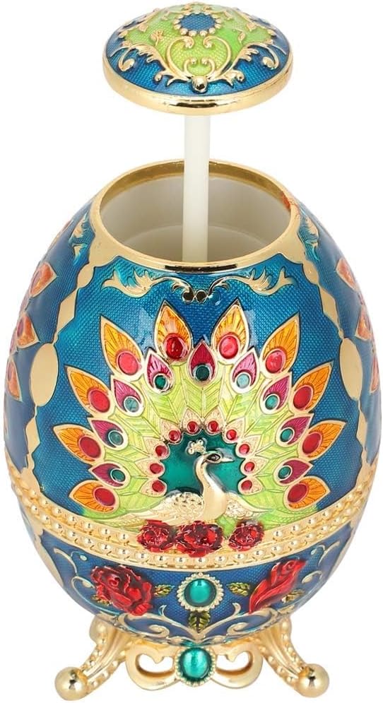Retro Metal Peacock Egg Shape Toothpick Holder, Multifunctional Portable Storage Box, Vintage with 3D Relief Peacock Pattern, Dust and Proof Lid, Safe Non Material