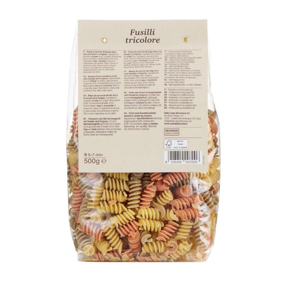Dalla Costa Fusilli tricolor con tomate y orégano paquete ahorro 12x500 gramos