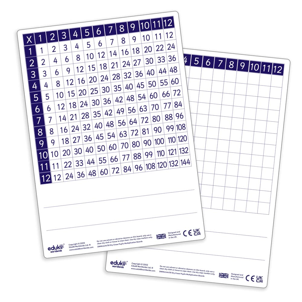 Eduk8 Worldwide | Pupils Double Sided Dry Erase Multiplication boards - pack of 30