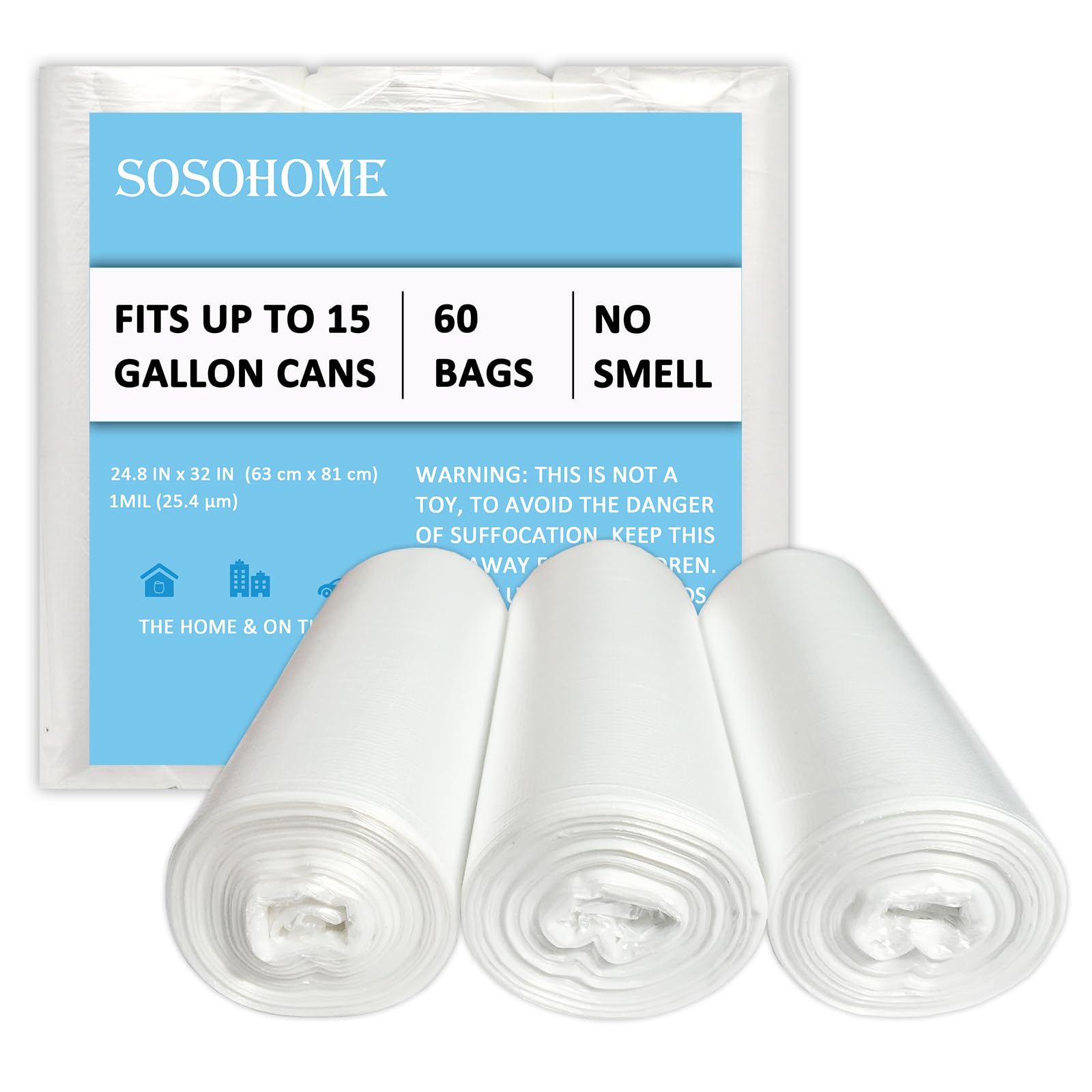 15 Gallon Trash Bags - 1 MIL Ultra Strong Tall Kitchen Garbage Bags, Unscented Trash Can Liners for Office, 60 Count