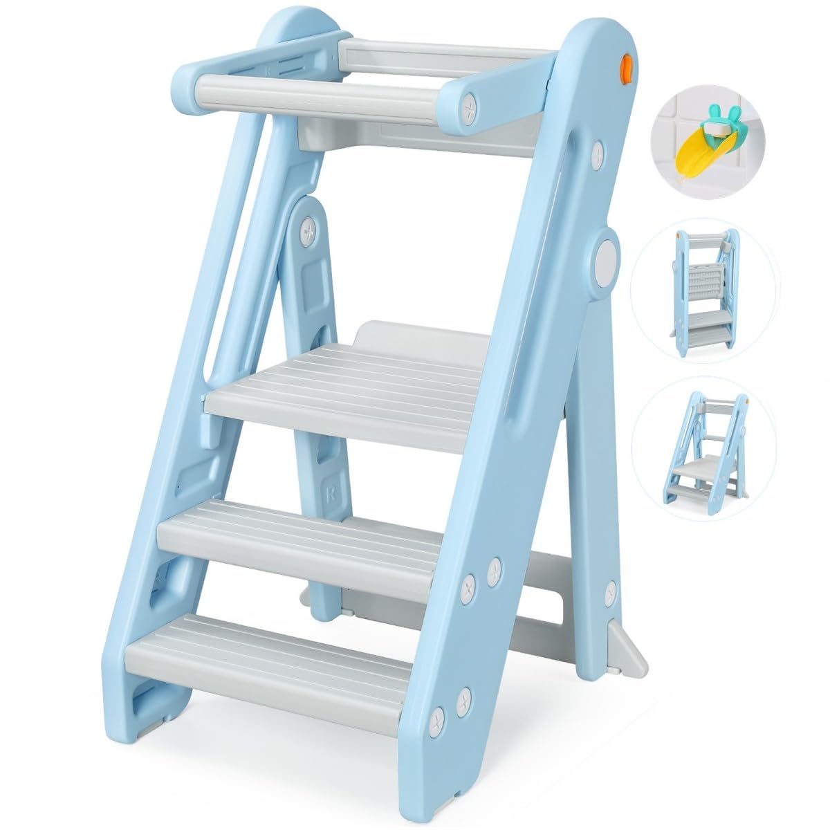Onasti Toddler Learning Tower, Folding toddler kitchen step stool, standing tower for kitchen counter bathroom, Adjustable Height, Safety bar (Blue)