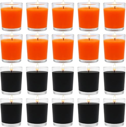 10 velas votivas naranjas y 10 negras, vela de cera de soja sin perfume rellena en vidrio transparente para Halloween, otoño, decoración del hogar y