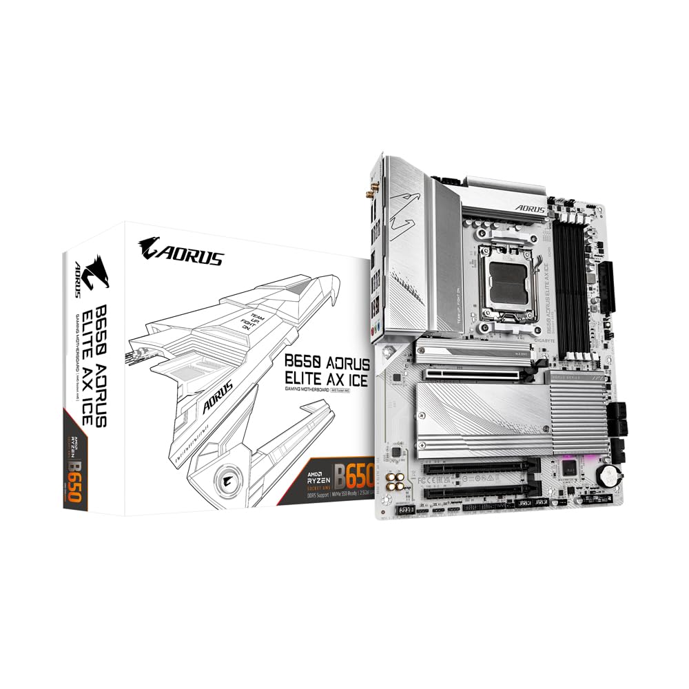 B650 AORUS ELITE AX ICE Motherboard - Supports AMD Ryzen 8000 CPUs, 12+2+2 Phases Digital VRM, up to 8000MHz DDR5 (OC), 1xPCIe 5.0 + 2xPCIe 4.0 M.2, Wi-Fi 6E, 2.5GbE LAN, USB 3.2 Gen 2