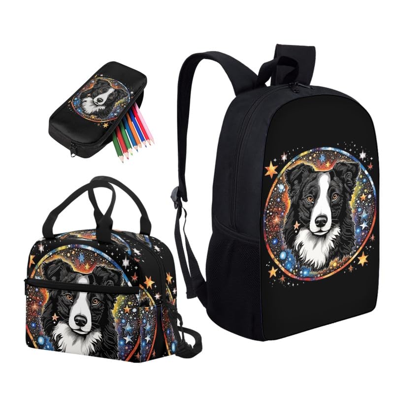 Galaxy Border Collie Print 3 Pcs Shoulder Lunch Bag and Pen Case Bag Set Colorful Starry Sky Puppy Animal Dog Pattern Travel Backpack 17 Inch Student Backpack Bookbags Set