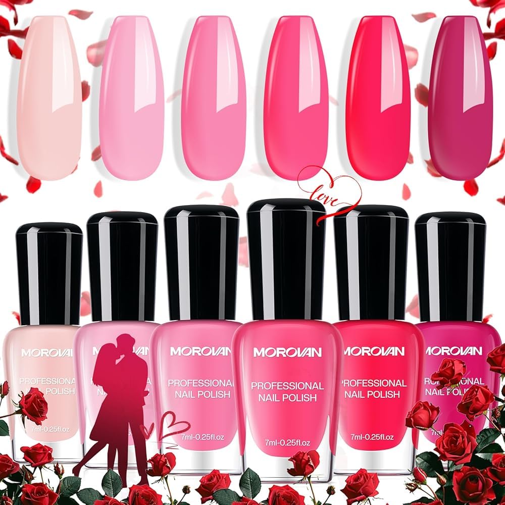 Morovan Fingernail Nail Polish Set: Hot Pink Nail Polish Kit Air Quick Dry Regular Finger nail Polish Pack for Women Valentine's Day Gift Holiday