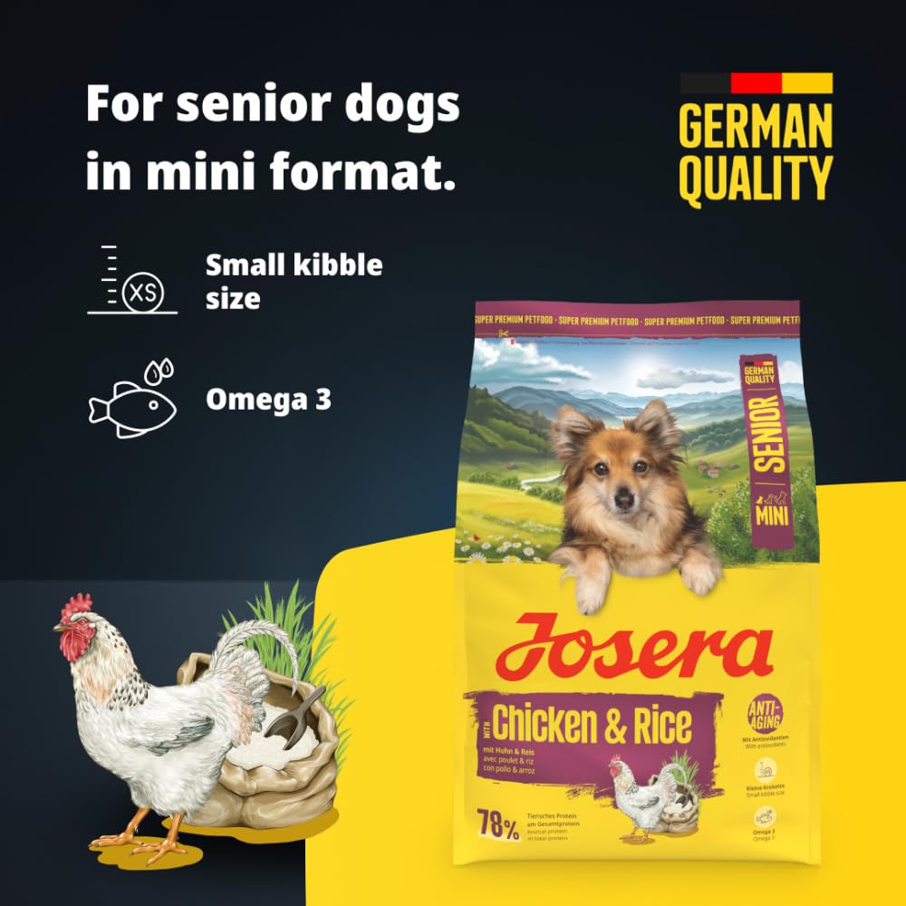 JOSERA Mini Senior (3 x 3 kg) | Premium Trockenfutter für ausgewachsene ältere Hunde Kleiner Rassen | Huhn & Reis | Anti-Aging & Nierenentlastung | Extrakleine Kroketten | glutenfrei | 3er Pack