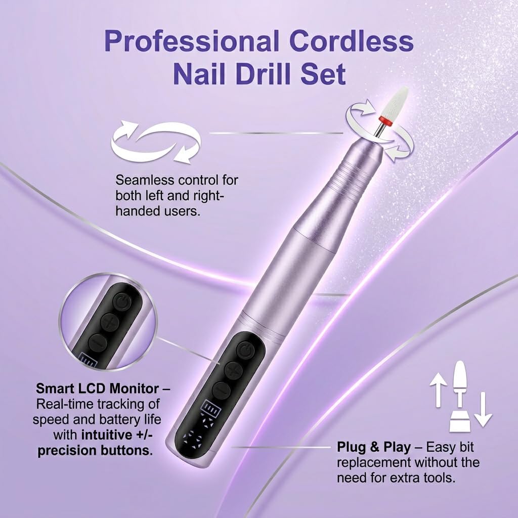 Ponceuse pour Ongles Professionnelle 35000 tr/min 12 en 1 Lime a Ongle Electrique Sans Fil avec Écran Numérique LCD et 12 Embouts Lime à Ongles pour Gel Acrylique et Semi Permanent