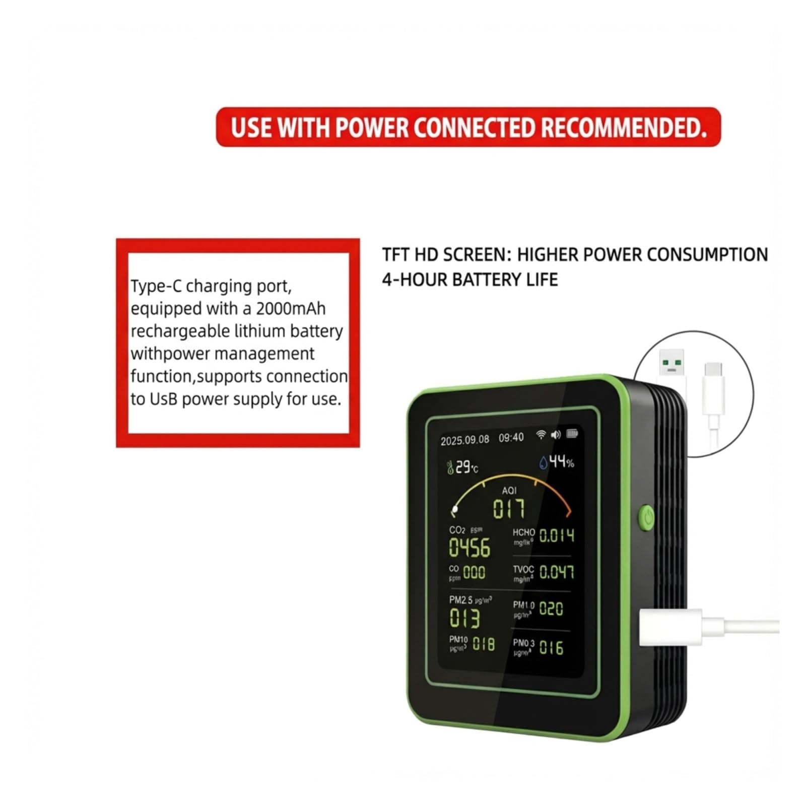 Monitor de calidad del aire, Monitor De Calidad Del Aire 15 En 1 Con Aplicación WiFi, Detector Gas Recargable Por USB, Medidor Sensor PM2.5 PM10 PM0.3 TVOC HCHO CO Co2(MT29 Red Black)
