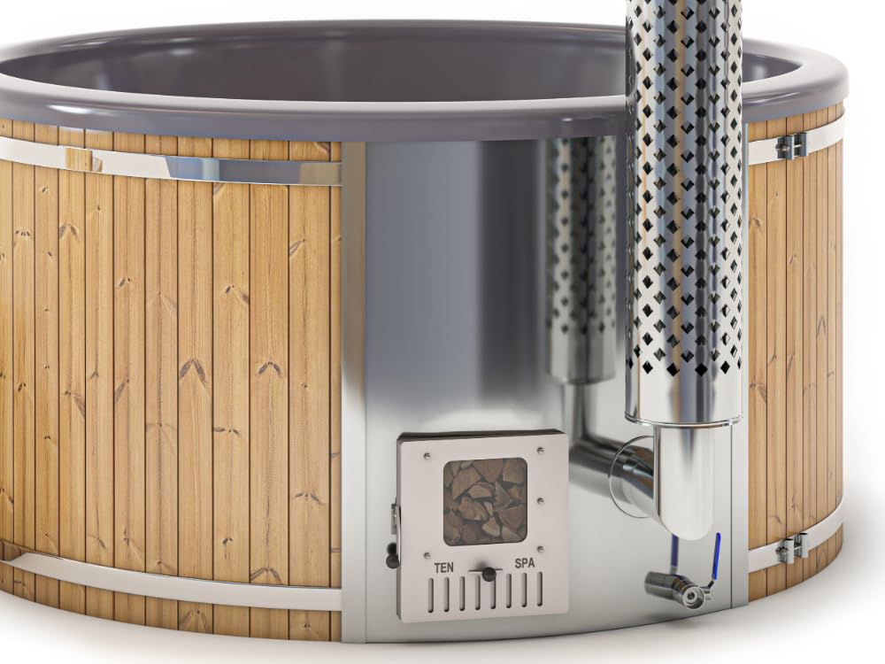 Holz Badefass Stockholm aus Thermoholz, Hot Tub Ø 180 cm, 8 Personen, inkl. Edelstahl-Ofen (30 kW), Minibar, Schwimmbecken, Badebottich, Badezuber