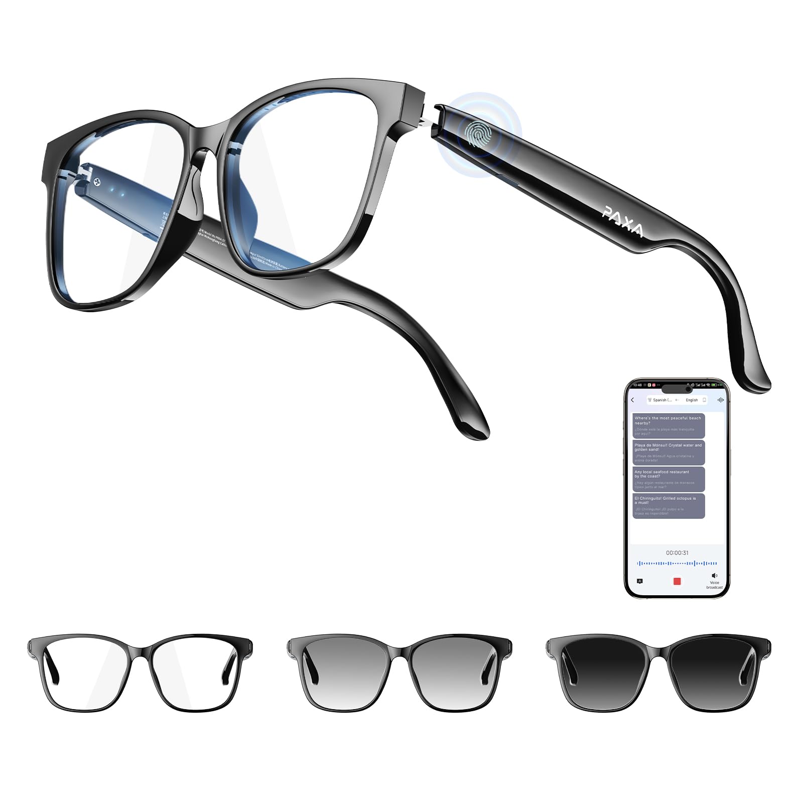 PAXA AI Smart Glasses with Photochromic Lenses 144 Language Translation