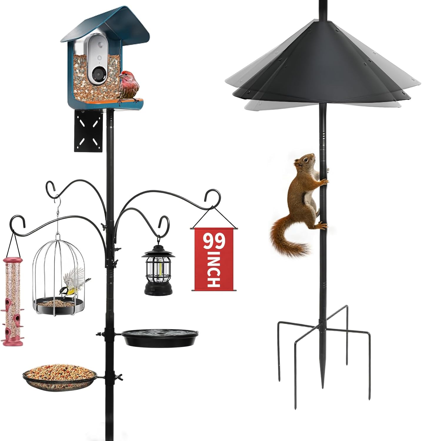 99 Inch Bird Feeder Pole with Squirrel Baffle, 360° Rotating Heavy Duty Bird House Pole for Outdoors Garden Yard, Adjustable Height Bird Feeder Stand with Shepherds Hooks Metal Trays