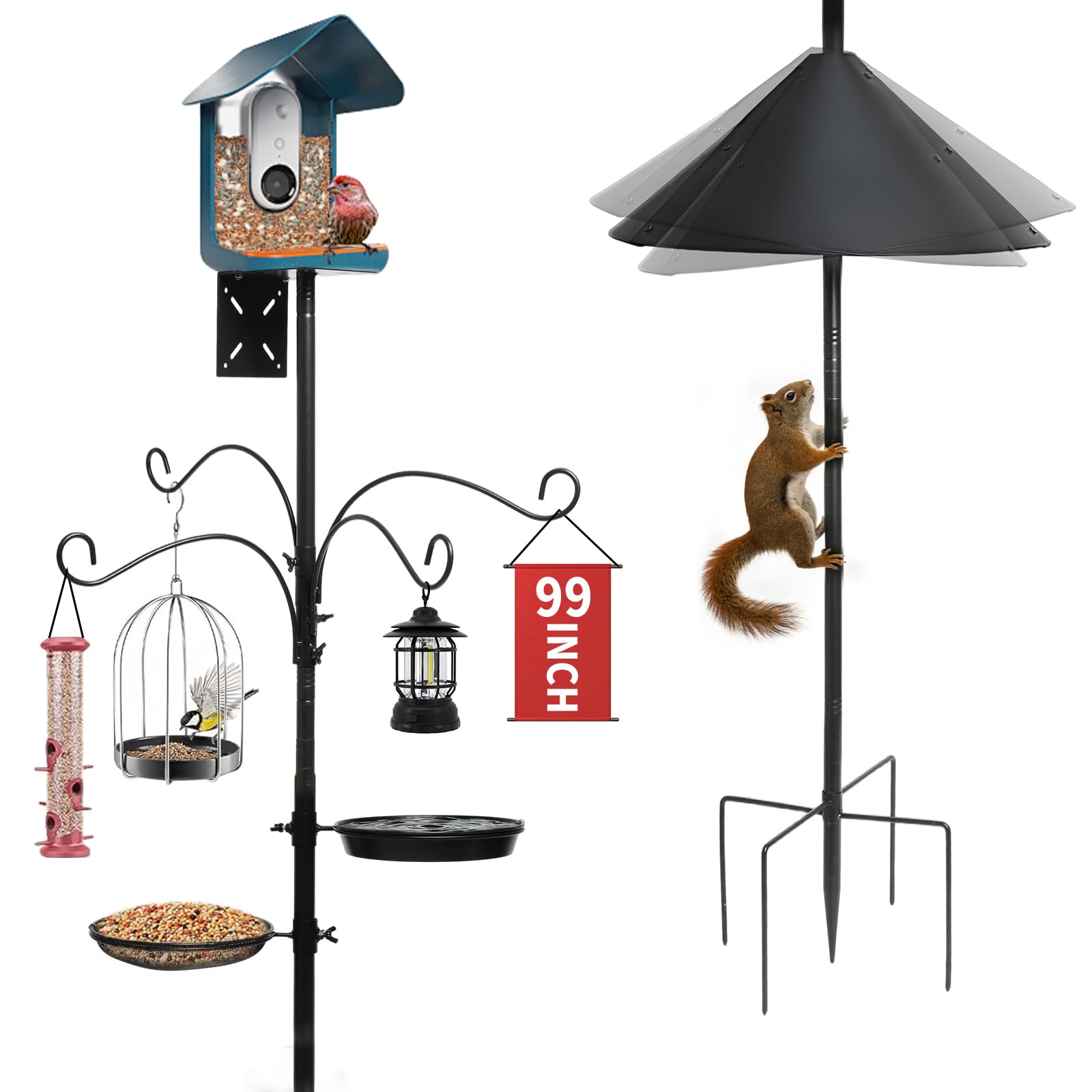 Bird Feeding Station, 251 cm Pole with Squirrel Baffle & 4 Hooks,Bird Feeders Hanging Station