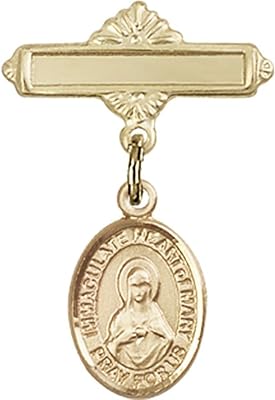 14kt Yellow Gold Baby Badge with Immaculate Heart of Mary Charm and Polished Badge Pin 1 X 5/8 inches