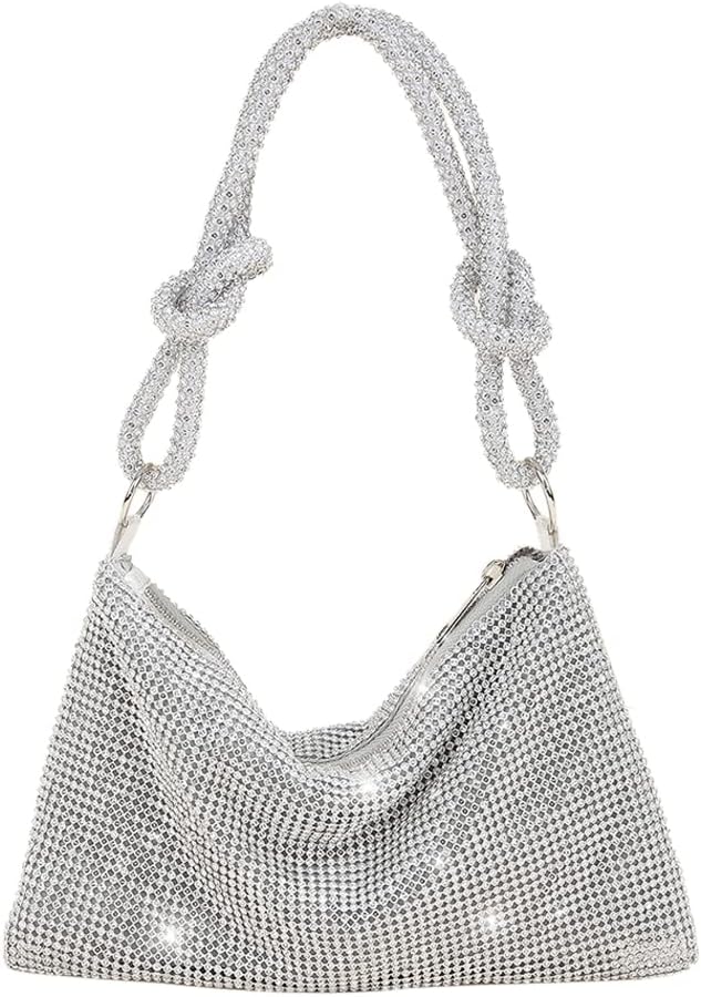 Rhinestone purses for women chic sparkly evening handbag bling hobo bag shiny silver clutch purse for party club wedding, a01-silver (rhinestone), 10.2x6.3in
