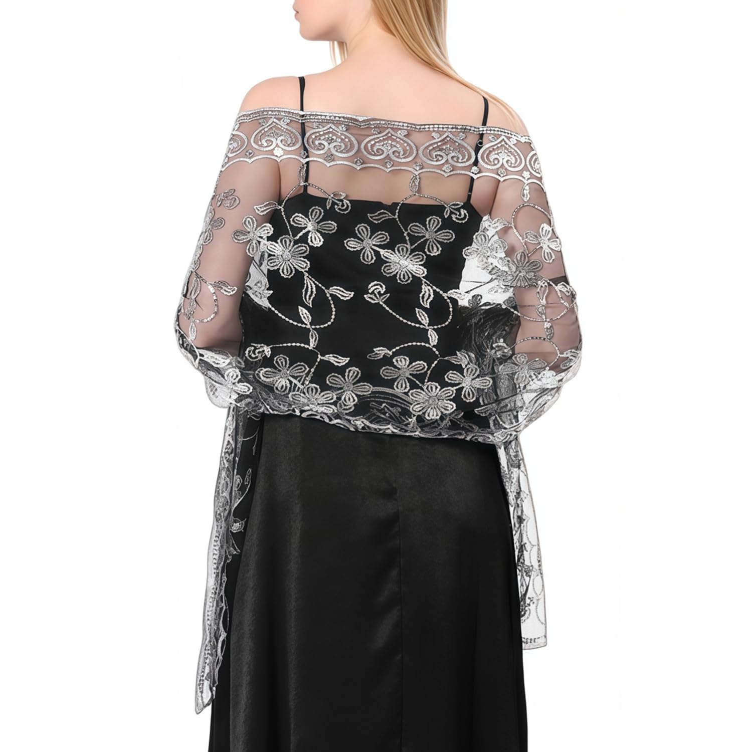 MANJIAMEI Women's Flower Heart Sequin Shawls and Wraps for Evening Dresses, Elegant Embroidered Sparkly Long Scarf Sheer Mesh Wedding Stole for Bridal Ladies Cocktail Parties Proms, Black Silver