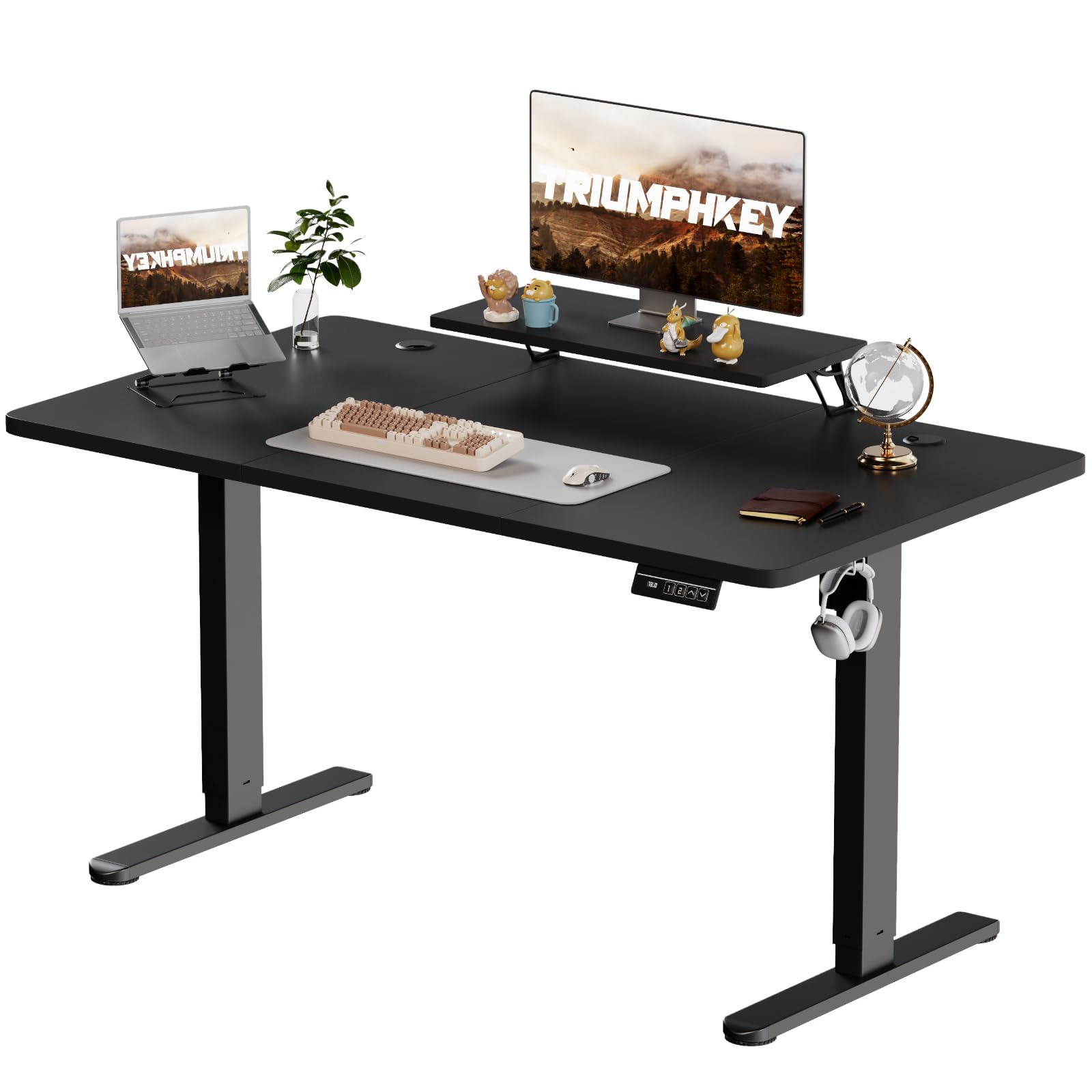 TRIUMPHKEY 160x70cm Scrivania Regolabile in Altezza,Ripiani per Monitor,Elettrica Scrivania per Computer con Funzione di Memoria,Standing Desk 73-118cm,Nero