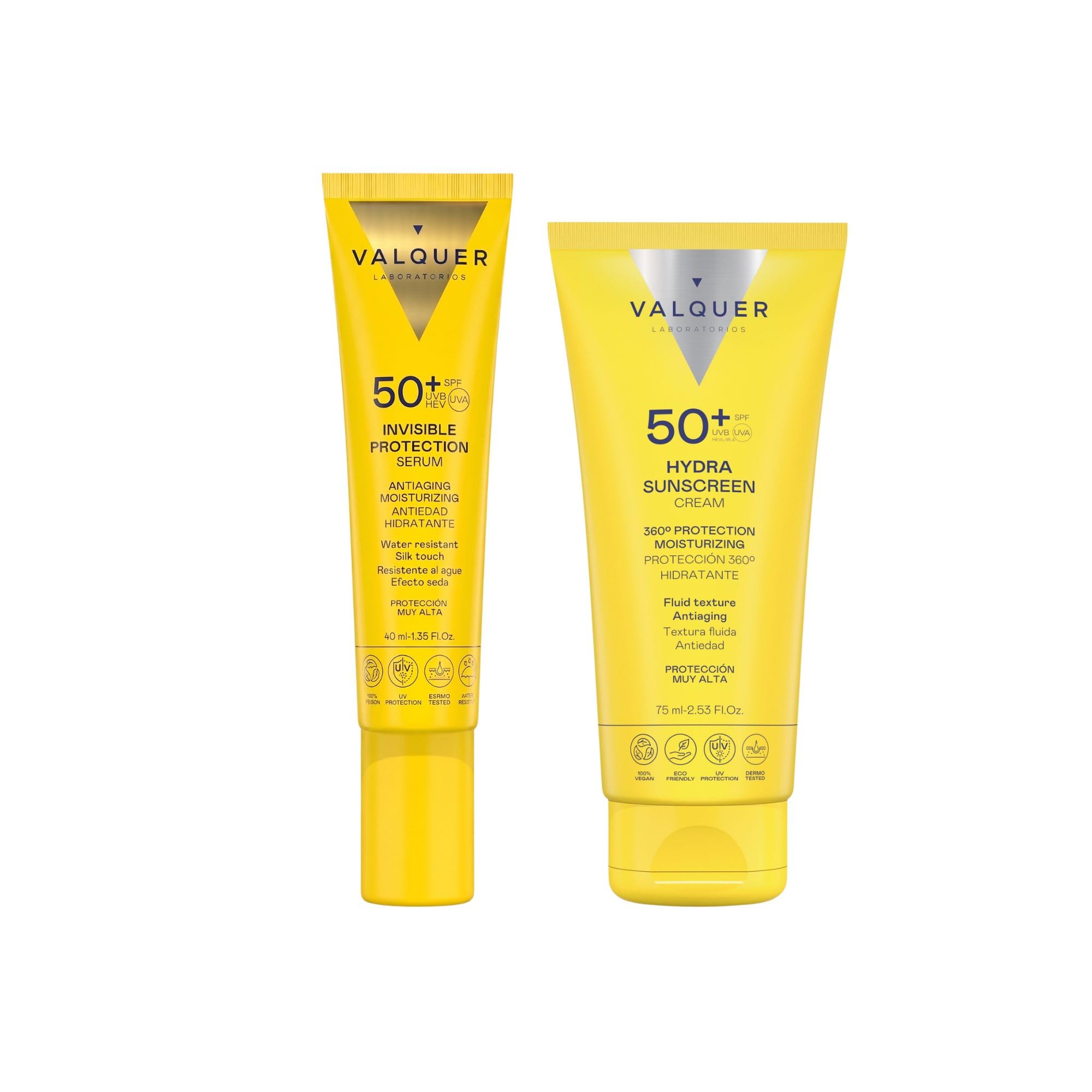 Pack Solaire Visage : SÉRUM PROTECTION INVISIBLE SPF 50 + CRÈME SOLAIRE HYDRA SPF 50 des Laboratoires Valquer.