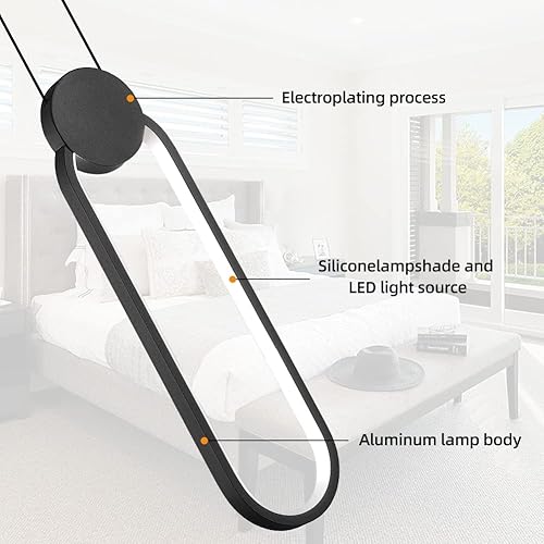 Miniatura 3 de Lámparas colgantes LED negras modernas, paquete de 2 unidades, diseño minimalista, iluminación colgante ovalada para isla de cocina, luz colgante