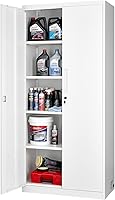 VEVOR Lockable Metal Storage Cabinet, 5-Tier Adjustable Shelves, Heavy-Duty Steel Garage Organizer with Magnetic Doors - Secure Tool Locker for Home, Garage, Office, White